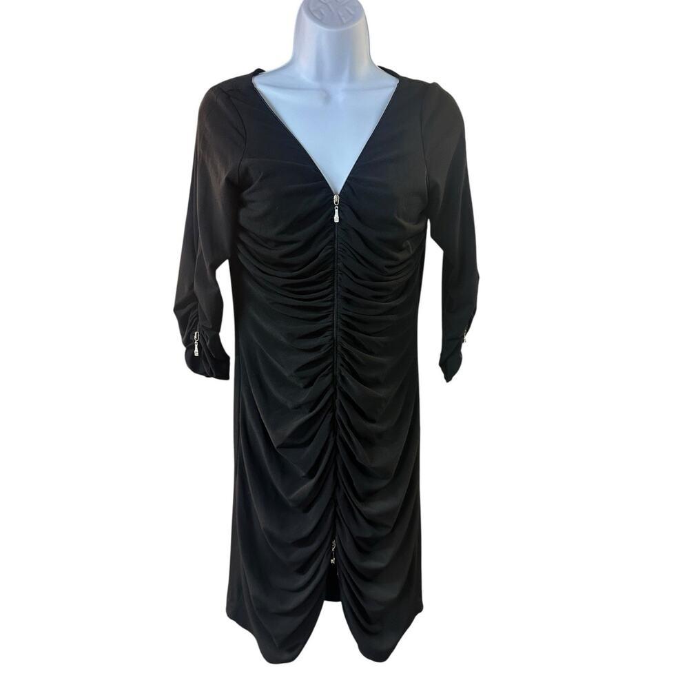 Cache Black Ruched Bodycon Dress 3/4 Sleeves Full Zip Y2K Cocktail Sexy Sz L